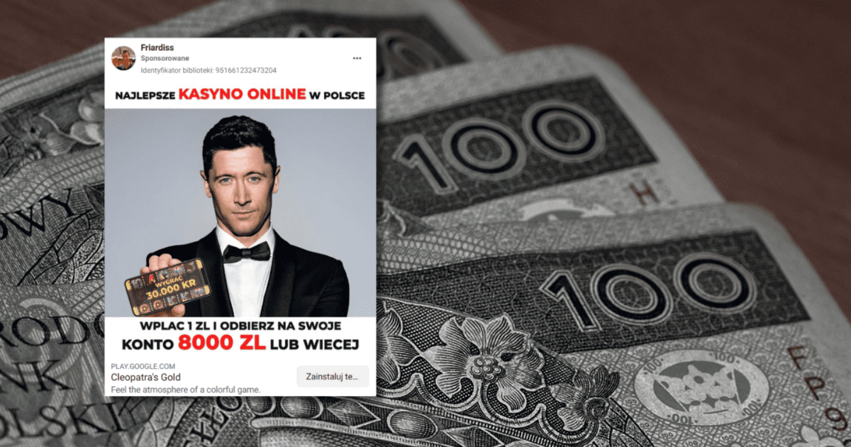 w tle banknoty złotówki, zrzut ekranu z Facebooka ze zdjęciem Roberta Lewandowskiego