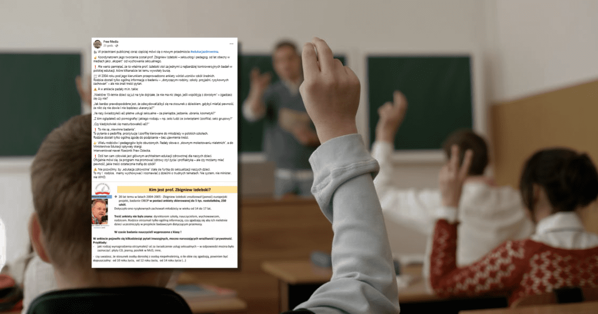 w tle uczniowie siedzący w klasie, zrzut ekranu z Facebooka