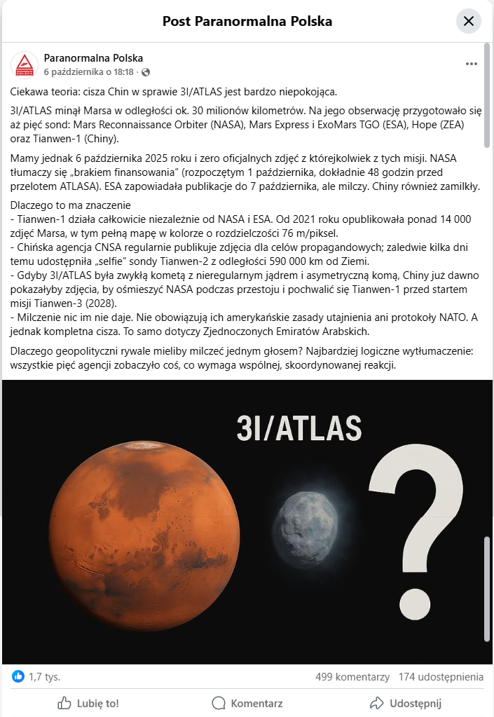 zrzut ekranu posta na Facebooku, w którym pojawiają się podejrzenia, że zdjęcie komety nie zostało opublikowane, bo odkryto na nim coś niepokojącego. Do wpisu załączono grafikę przedstawiającą Marsa i kometę.