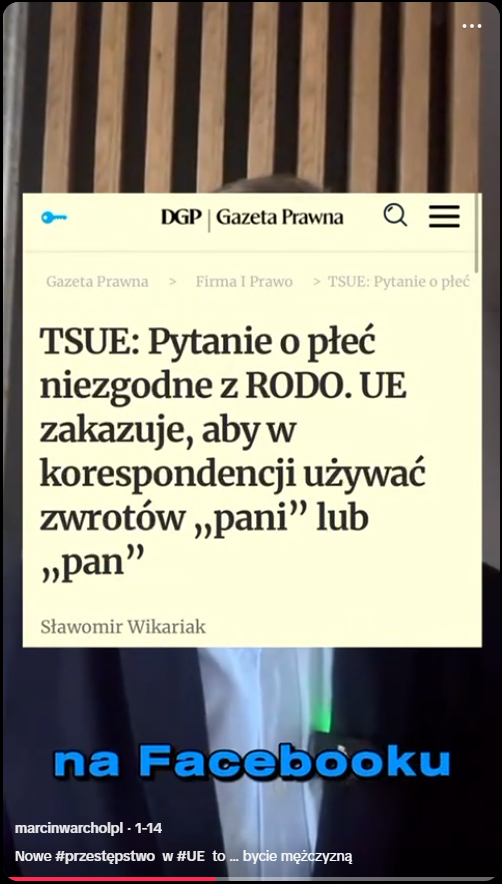 Zrzut ekranu z TikToka. Widać na nim artykuł pod tytułem „TSUE: Pytanie o płeć niezgodne z RODO. UE zakazuje, aby w korespondencji używać zwrotów „pani” lub „pan”.