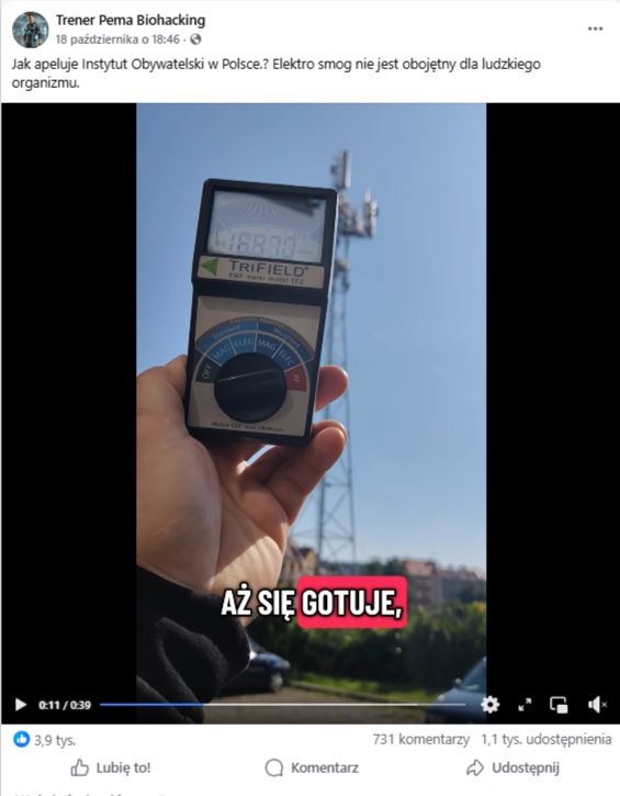 zrzut ekranu rolki na Facebooku, na której widać miernik promieniowania, w tle maszt 5G. Na nagraniu widać napis „aż się gotuje”, a w opisie czytamy: „Jak apeluje Instytut Obywatelski w Polsce? Elektro smog nie jest obojętny dla ludzkiego organizmu”