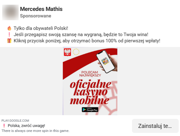 Zrzut ekranu z platformy Facebook, gdzie pojawia się reklama nielegalnego kasyna. Na obrazku widzimy napis „polecam największy oficjalne kasyno mobilne” oraz godło Polski.
