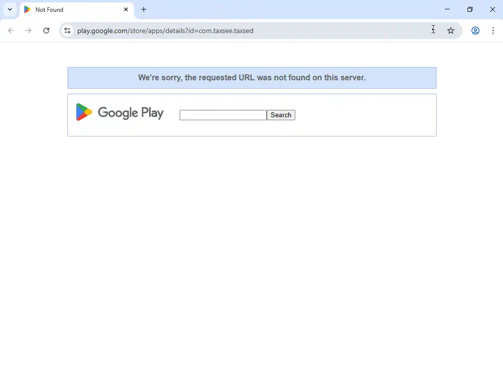Zrzut ekranu z platformy Browserling, gdzie pojawia się nieaktywna strona sklepu Google Play.