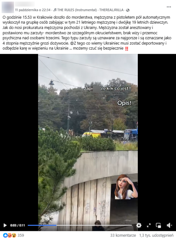 zrzut ekranu rolki na Facebooku, na której widać karetkę przejeżdżającą przez skrzyżowanie. Na rolce jest napis “ja pier...ole krk co jest! Opis!”. W opisie przytoczono sytuację, w której Ukrainiec rzekomo był sprawcą potrójnego morderstwa.