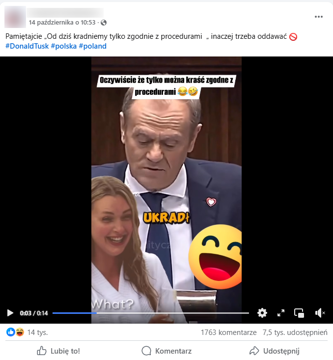 zrzut ekranu rolki na Facebooku. Widać na niej Donalda Tuska na mównicy w sejmie. Na nagraniu widać śmiejące się emotikony i podpis „oczywiście, że tylko można kraść zgodnie z procedurami”.