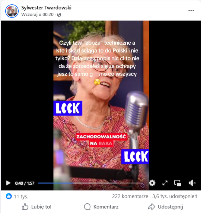 zrzut ekranu rolki na Facebooku. Na nagraniu widać kobietę wypowiadającą się przed mikrofonem. Materiał jest opisany słowami: „Czyli tzw zboża techniczne, a kto i skąd ściąga to do Polski i nie tylko? Działaczu popis, nic ci to nie da, że sprzedałeś się za ochłapy, jesz to samo g…wno co wszyscy”