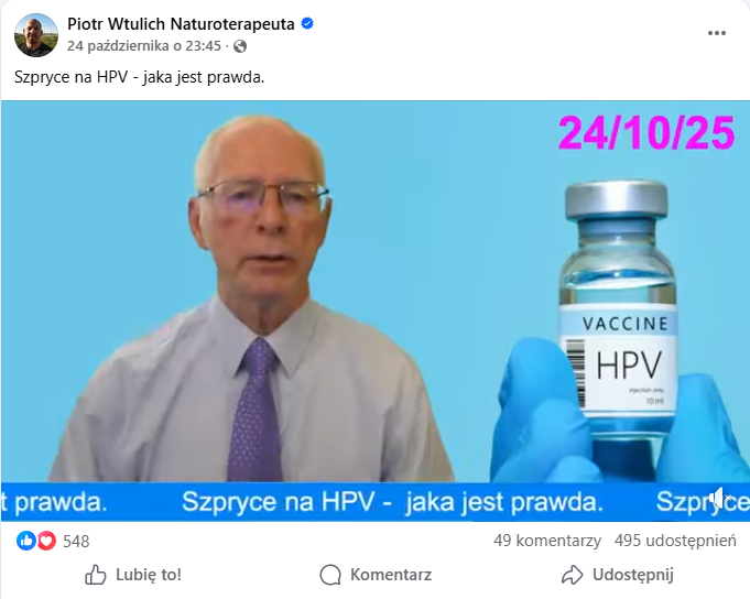 zrzut ekranu posta na Facebooku. Na filmie widać Jerzego Ziębę oraz grafikę przedstawiającą butelkę ze szczepionką na HPV. W opisie czytamy: szpryce na HPV – jaka jest prawda.