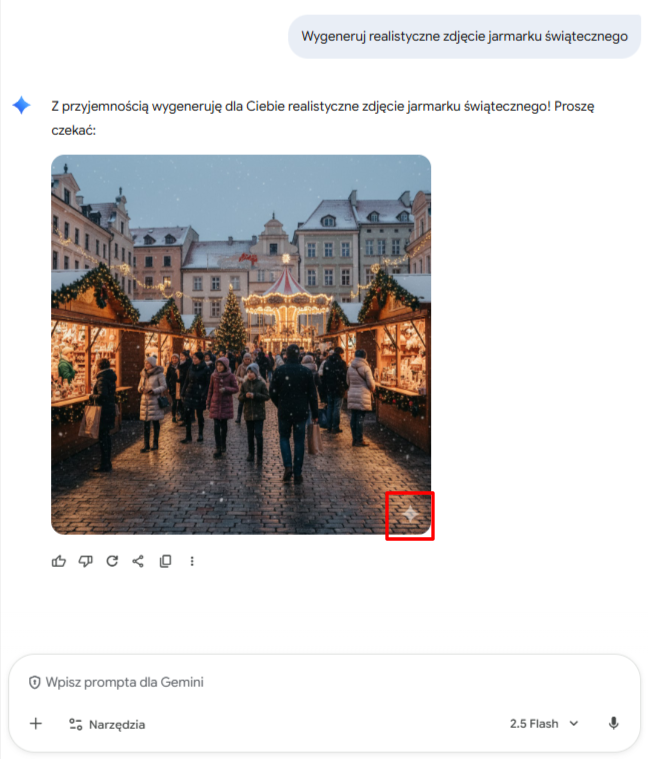 zrzut ekranu z narzędzia Gemini. Polecenie brzmiało: Wygeneruj realistyczne zdjęcie jarmarku świątecznego. Obraz stworzony przez Gemini ma w prawym dolnym rogu szarą gwiazdkę, która jest zaznaczona czerwoną ramką.