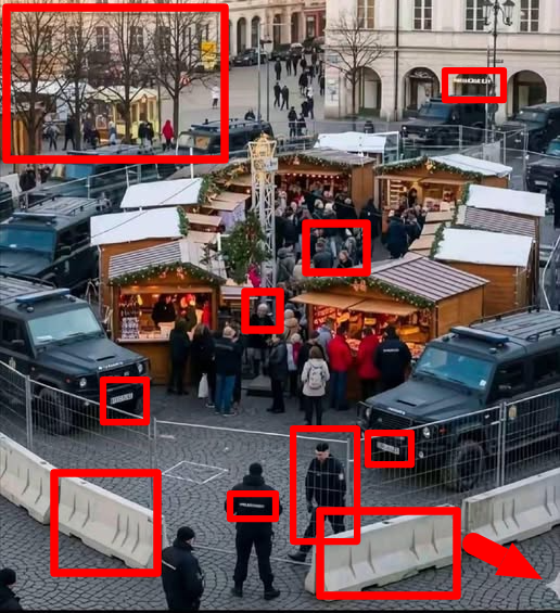 obraz jarmarku bożonarodzeniowego. Za pomocą czerwonych ramek i strzałki zaznaczono elementy, które świadczą o tym, że grafika jest wygenerowana przez AI.