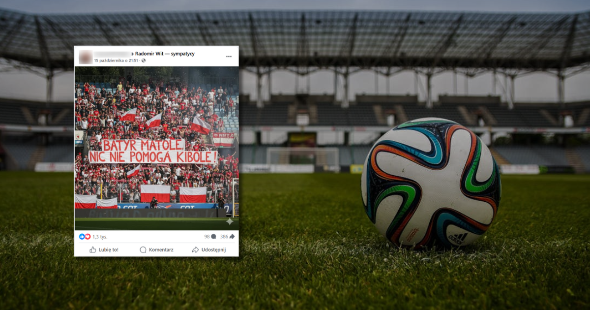 w tle trybuny na stadionie, zrzut ekranu z Facebooka