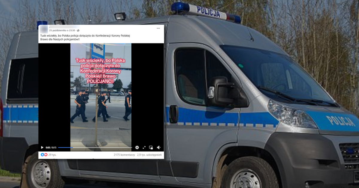 screen z Facebooka, w tle radiowóz policyjny