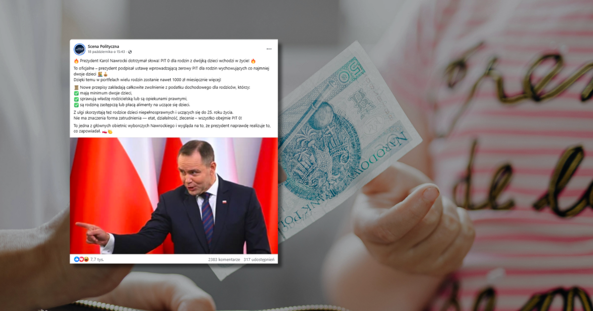 w tle osoba dorosła wręczająca banknot dziecku, zrzut ekranu z Facebooka