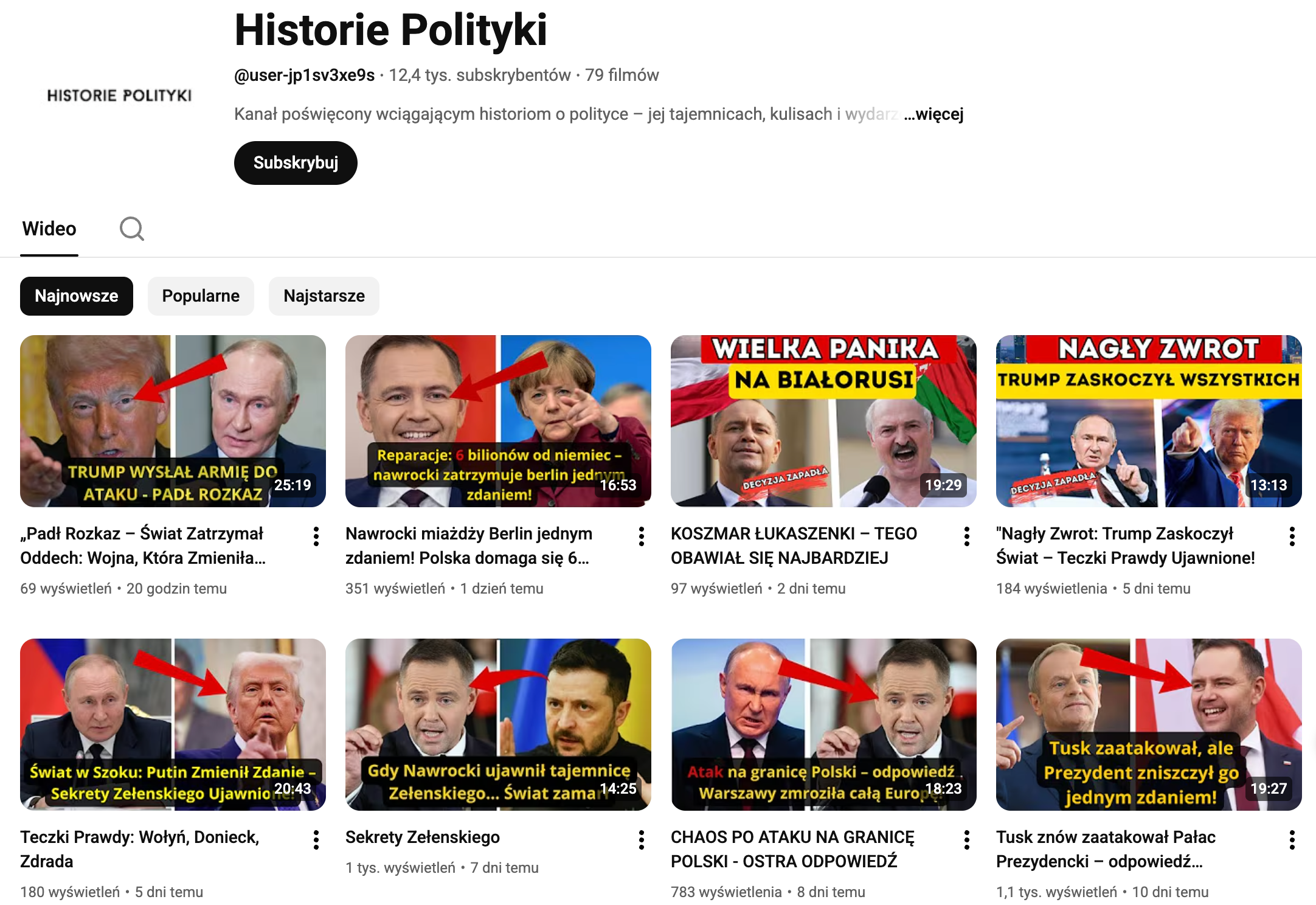 Zrzut ekranu profilu na YouTubie. Na miniaturkach poszczególnych filmów przedstawiono polityków tj. Karol Nawrocki, Angela Merkel, Wołodymyr Zełenski, Władimir Putin, Donald Trump.