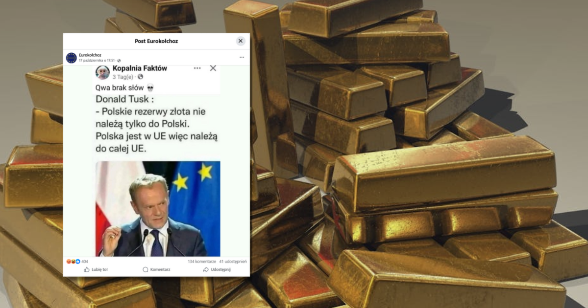 screen z Facebooka, w tle sztabki złota
