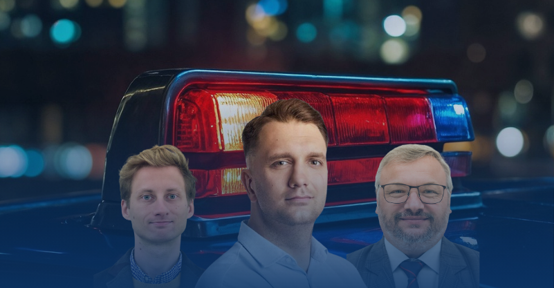 w tle policja, na zdjęciach twarze posłów