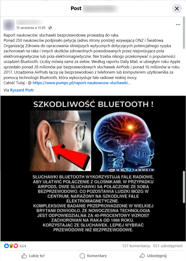 Zrzut ekranu posta na Facebooku, w którym czytamy o szkodliwości technologii bluetooth. Z posta dowiadujemy się, że rzekomo AirPodsy powodują raka mózgu. Do wpisu załączono obraz przedstawiający słuchawkę w uchu i grafikę pokazującą mózg człowieka.
