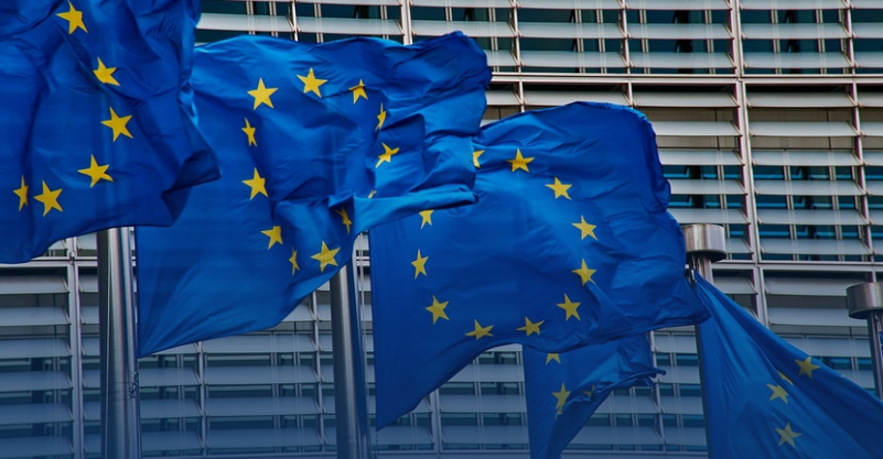 w tle flagi Unii Europejskiej