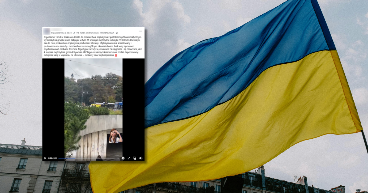 w tle flaga Ukrainy, zrzut ekranu z Facebooka tytuł: tytuł analizy