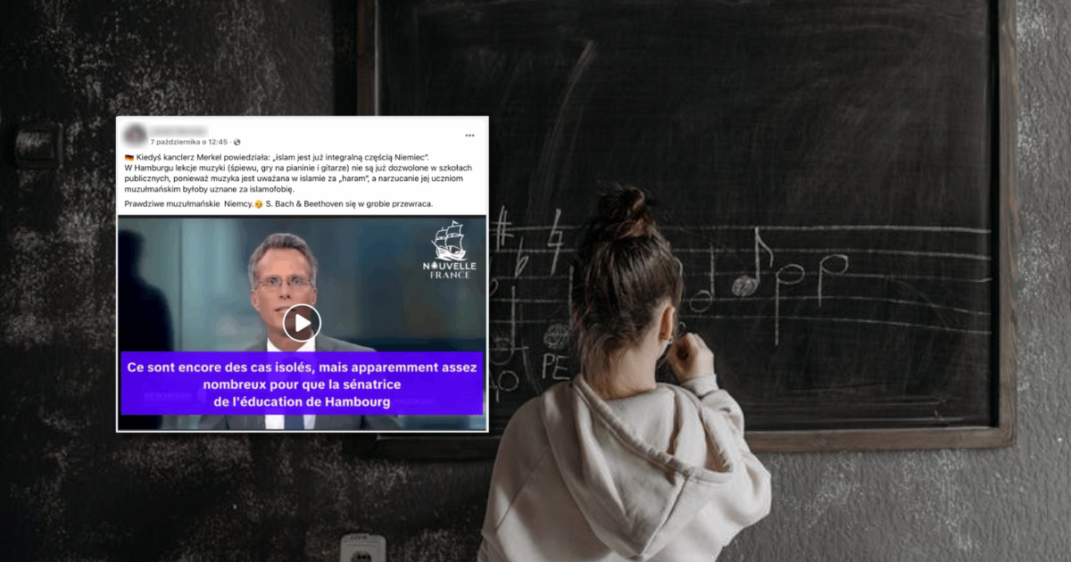 w tle dziewczynka przy tablicy w klasie, zrzut ekranu z Facebooka