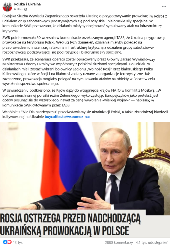Zrzut ekranu wpisu z Facebooka. Podpis i elementy interfejsu platformy, oraz grafika przedstawiająca zdjęcie Władimira Putina.