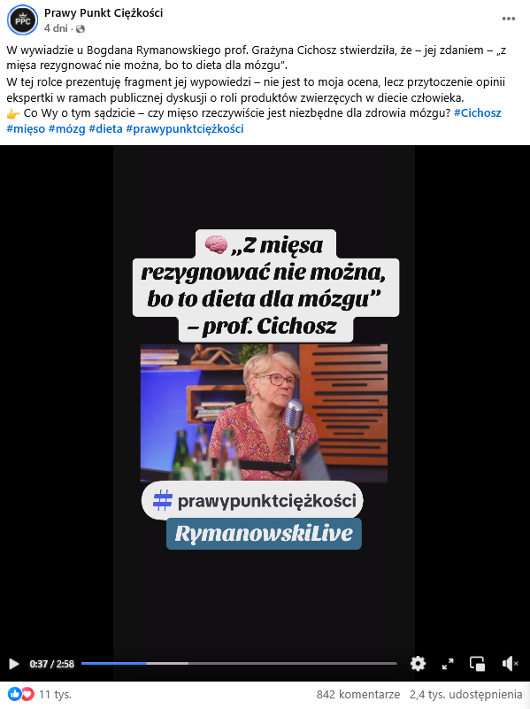 Zrzut ekranu wpisu z Facebooka. Na górze podpis i elementy interfejsu platformy, na dole klatka z nagrania przedstawiająca prof. Cichosz w studiu nagraniowym.