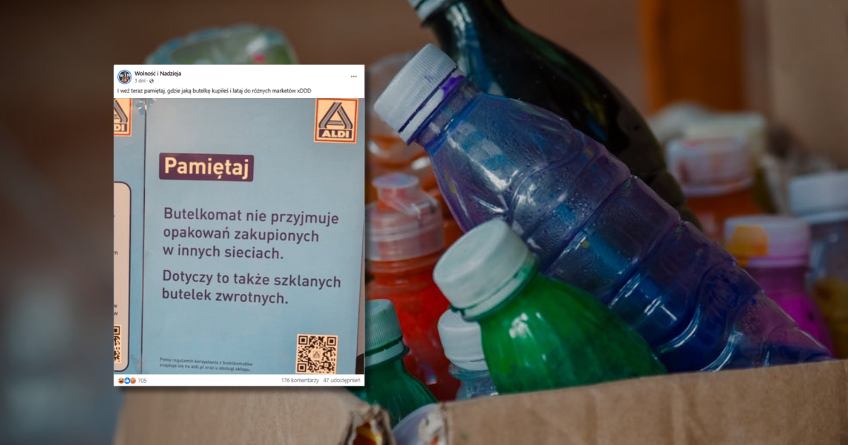 w tle plastikowe butelki, zrzut ekranu z Facebooka