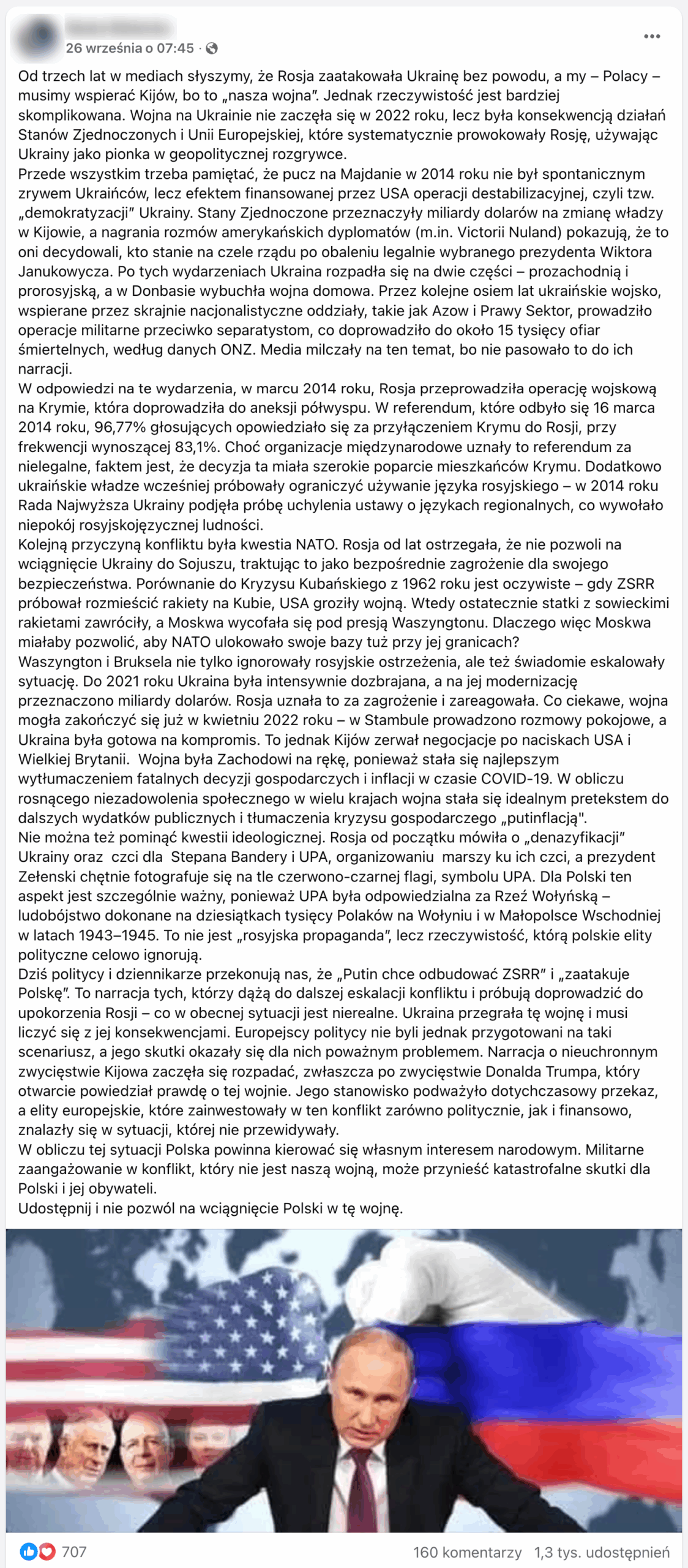 Zrzut ekranu posta na Facebooku. Do wpisu dołączono grafikę przedstawiającą Władimira Putina groźnie patrzącego w obiektyw. W tle dwie pięści zderzające się ze sobą. Na jednej wklejono flagę amerykańską, na drugiej – rosyjską.