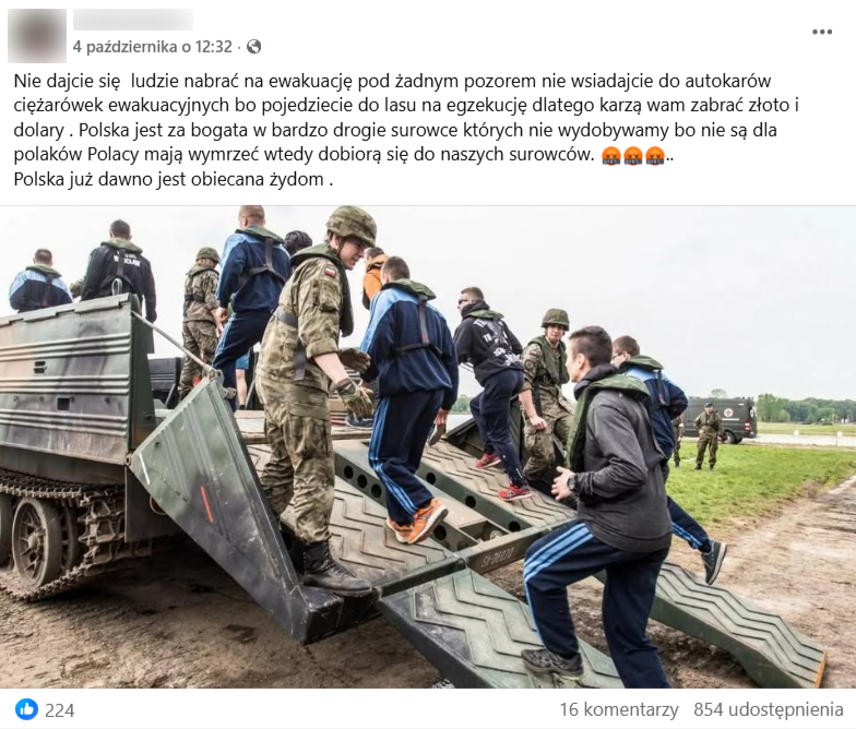 Zrzut ekranu z platformy Facebook, gdzie pojawia się zdjęcie z poligonu wojskowego. Na obrazku widzimy żołnierzy oraz ludzi w niebieskich dresach.