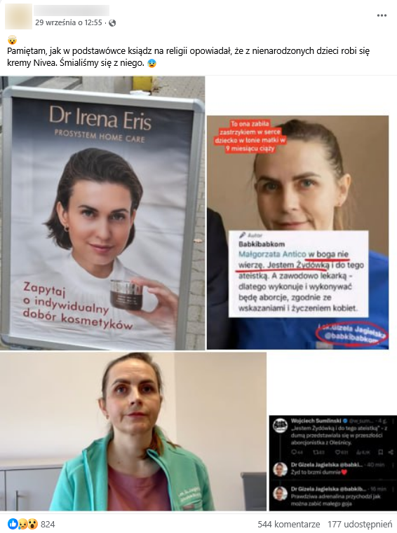 Zrzut ekranu wpisu z Facebooka. Na górze podpis, na dole seria zdjęć przedstawiających Gizelę Jagielską.