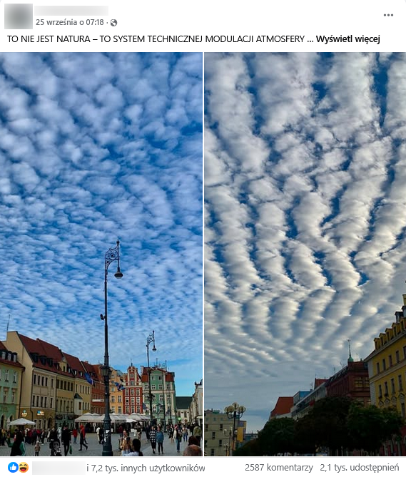 Zrzut ekranu wpisu z Facebooka. Elementy interfejsu platformy i podpis, na dole zdjęcia przedstawiające faliste chmury.