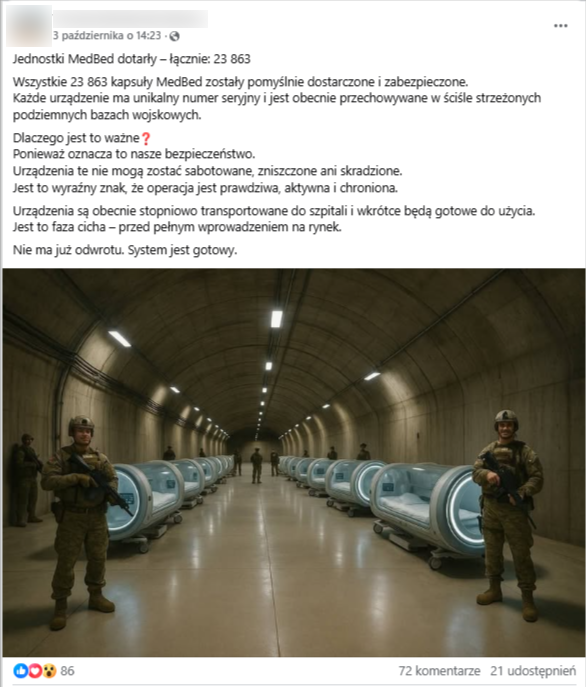 Wpis na Facebooku ze zdjęciem rzekomych kapsuł służących do leczenia ludzi 