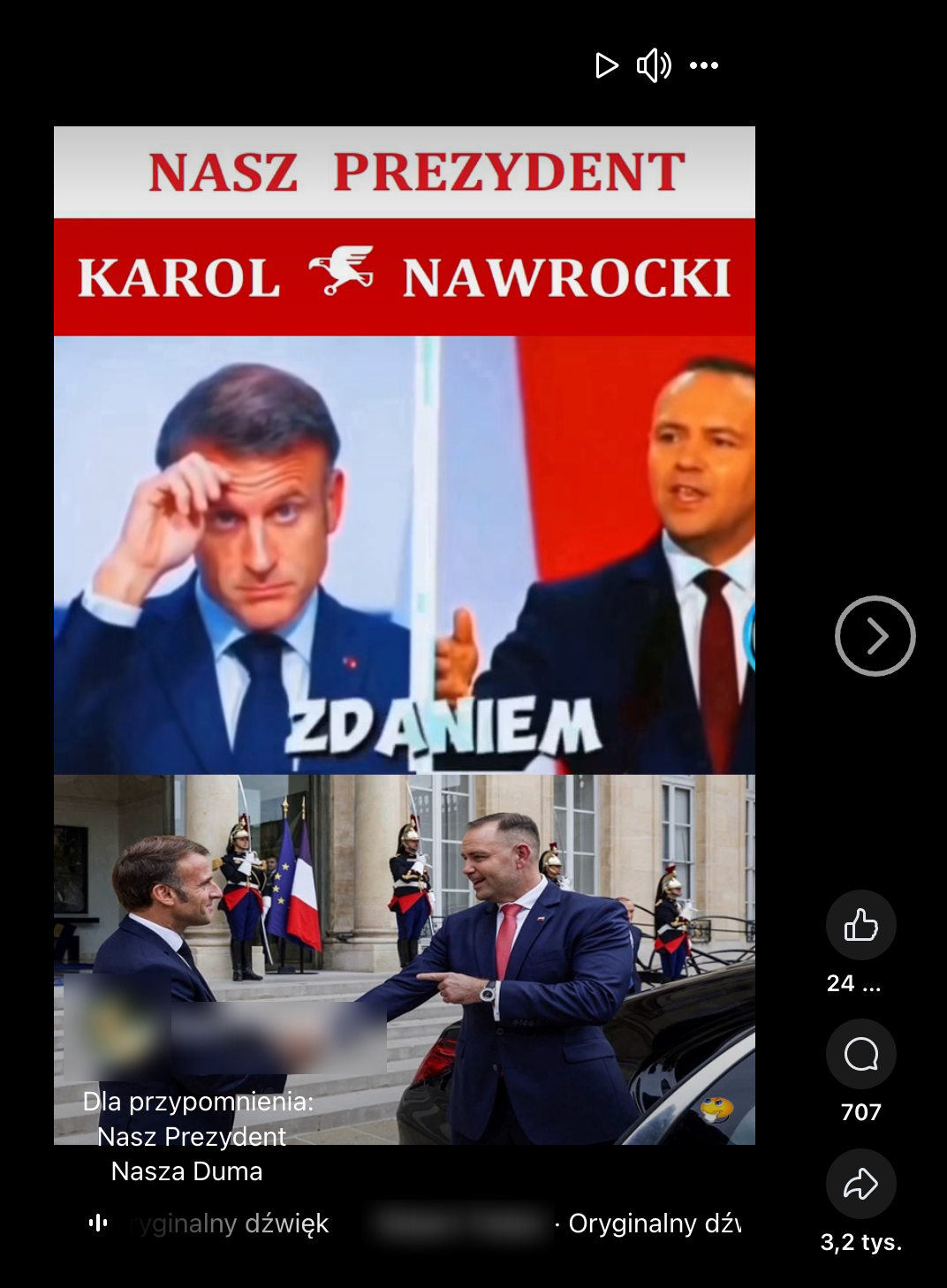 Zrzut ekranu rolki na Facebooku. w kadrze trzy zdjęcia: zastanawiającego się Emmanuela Macrona, Karola Nawrockiego w trakcie przemówienia, a także dwóch polityków przed budynkiem rządowym podających sobie dłonie z uśmiechem.
