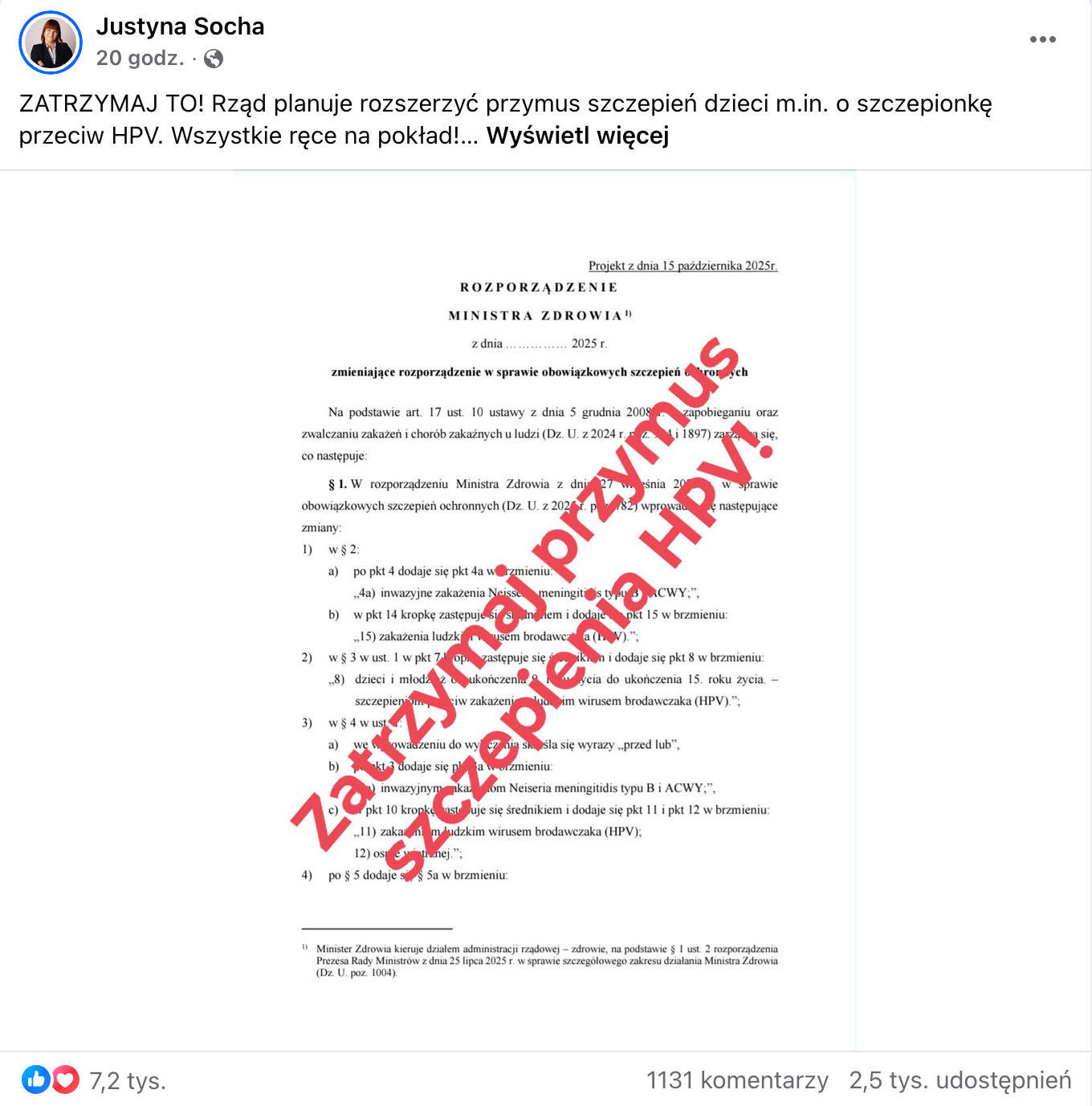Zrzut ekranu przedstawiający wpis opublikowany na platformie Facebook.com przez Justynę Sochę. Post rozpoczyna się od słów zapisanych wielkimi literami: „Zatrzymaj to!”. Ilustracją wpisu jest pierwsza strona projektu rozporządzenia ministra zdrowia z 15 października 2025 roku, na którą naniesiono duży, napisany czerwoną czcionką napis: „Zatrzymaj przymus szczepienia HPV!”. 