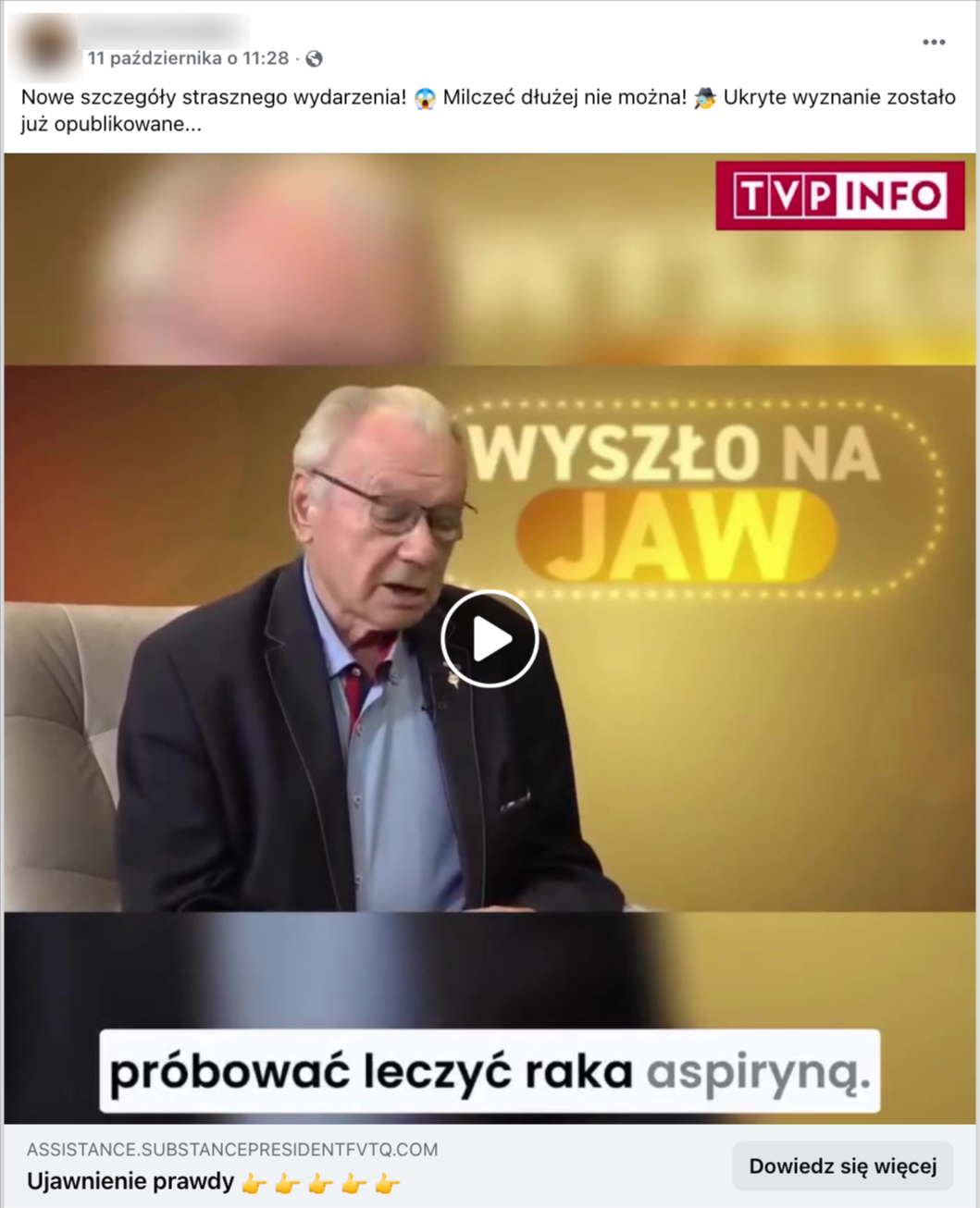 Zrzut ekranu posta na Facebooku. W kadrze nagrania widać doktora Krzysztofa Bieleckiego siedzącego na fotelu. W tle nazwa programu „Wyszło na jaw”. W roku logo TVP Info.