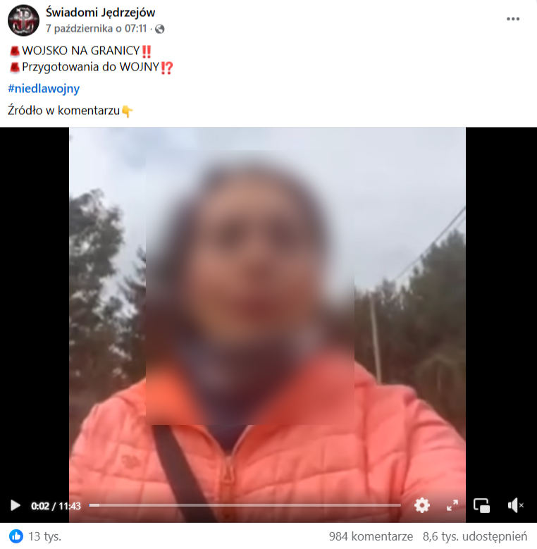 Zrzut ekranu z platformy Facebook, gdzie widzimy kobietę w łososiowej kurtce.