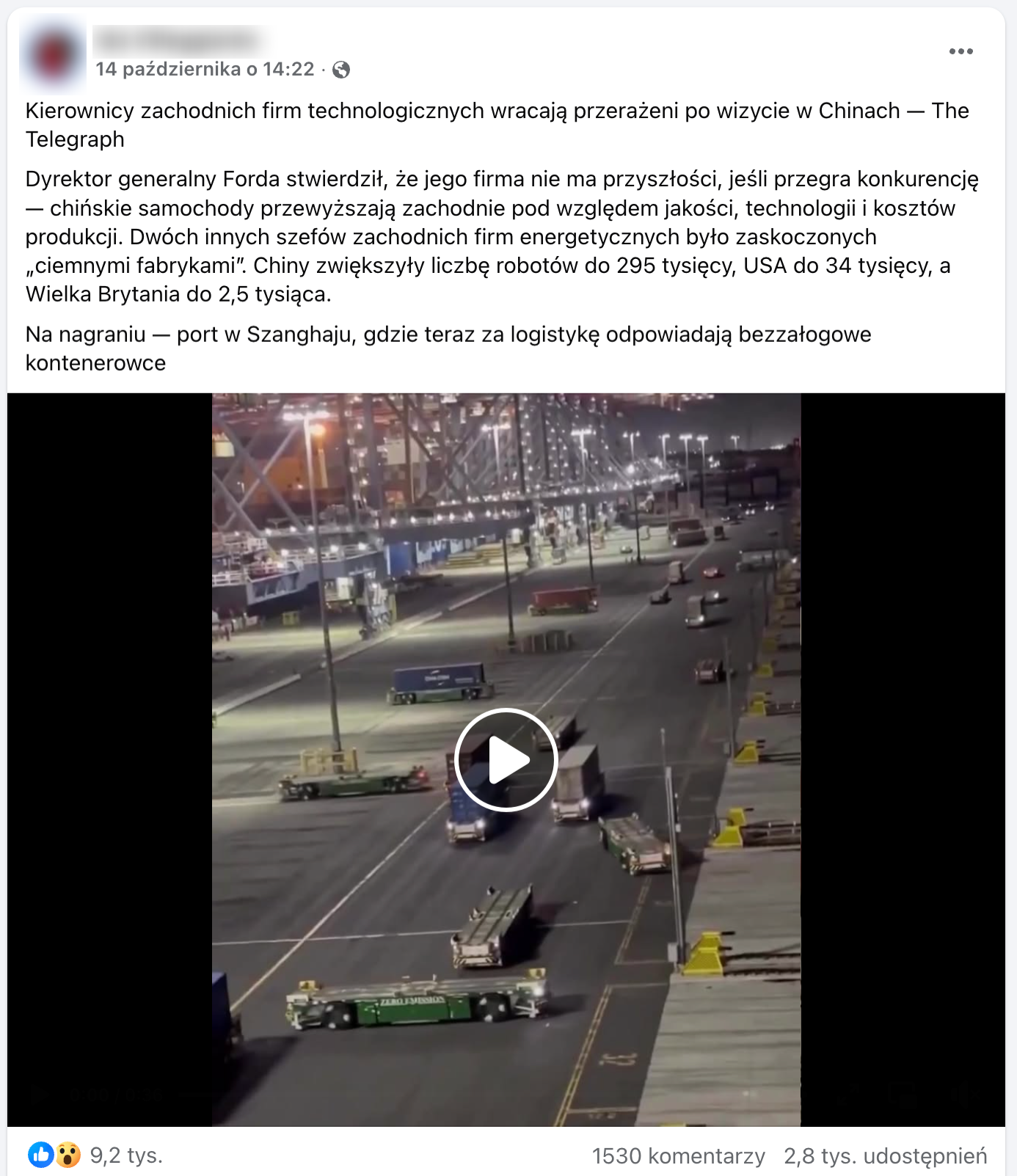Zrzut ekranu posta na Facebooku. W kadrze nagrania widać pas załadunkowy ze zautomatyzowanymi transporterami.