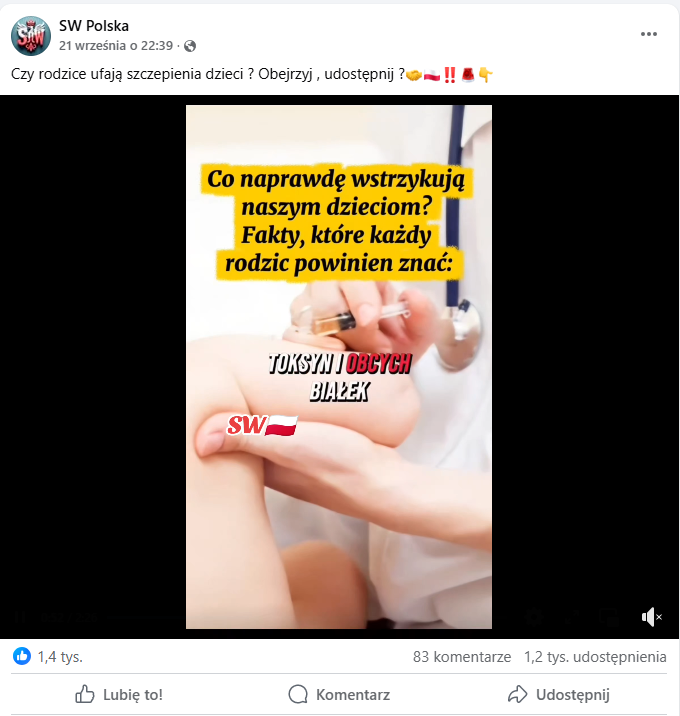 zrzut ekranu rolki na Facebooku z profilu SW Polska. W opisie czytamy: „Czy rodzice ufają szczepienia dzieci? Obejrzyj, udostępnij”. Na nagraniu widać strzykawkę wbijaną w ramię, a napisy na rolce brzmią: „Co naprawdę wstrzykują naszym dzieciom? Fakty, które każdy rodzic powinien znać”