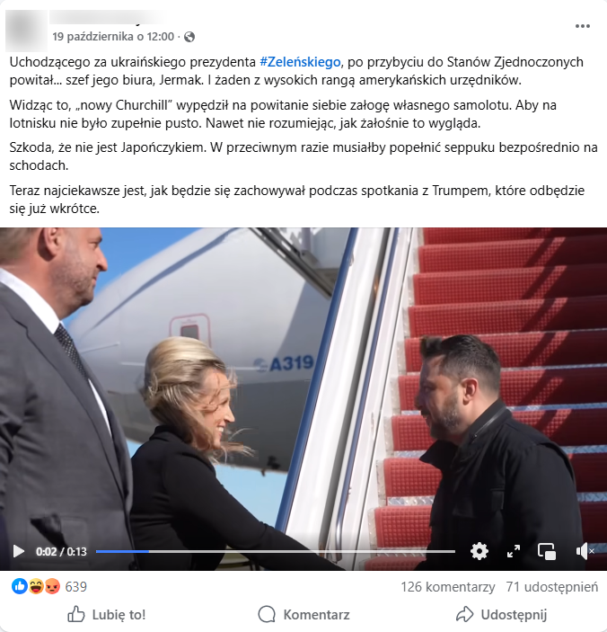 Zrzut ekranu z platformy Facebook, gdzie widzimy jak Wołodymyr Zełenski wita się z Abby Jones na lotnisku w Waszyngtonie. Na obrazku pojawia się także ukraiński polityk Andrij Jermak. 