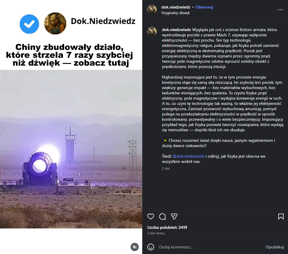 Zrzut ekranu omawianego posta. W kadrze filmu widzimy działo ustawione na płaskim terenie, naprzeciwko wieży. W tle widać góry.
