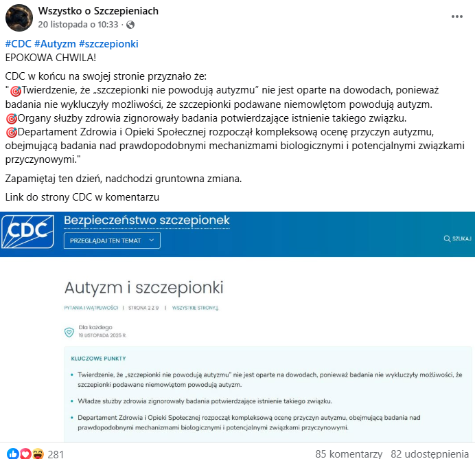 Wpis na Facebooku, w którym powoływano się na nowe stanowisko CDC jako dowód, że szczepionki jednak wywołują autyzm.
