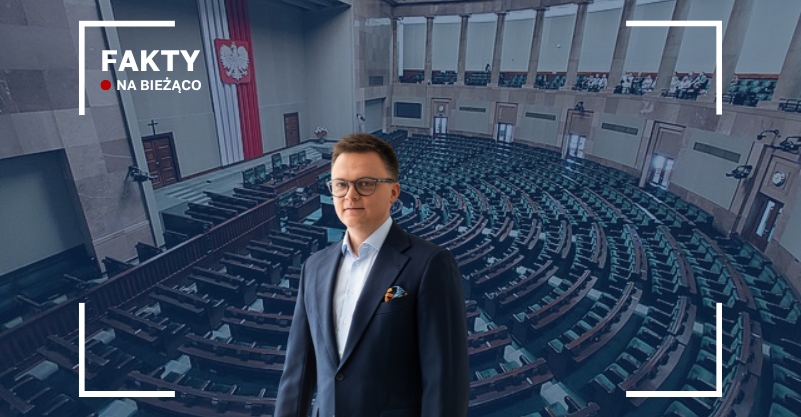 Szymon Hołownia na tle sali obrad Sejmu. W lewym górnym rogu napis „Fakty na bieżąco”