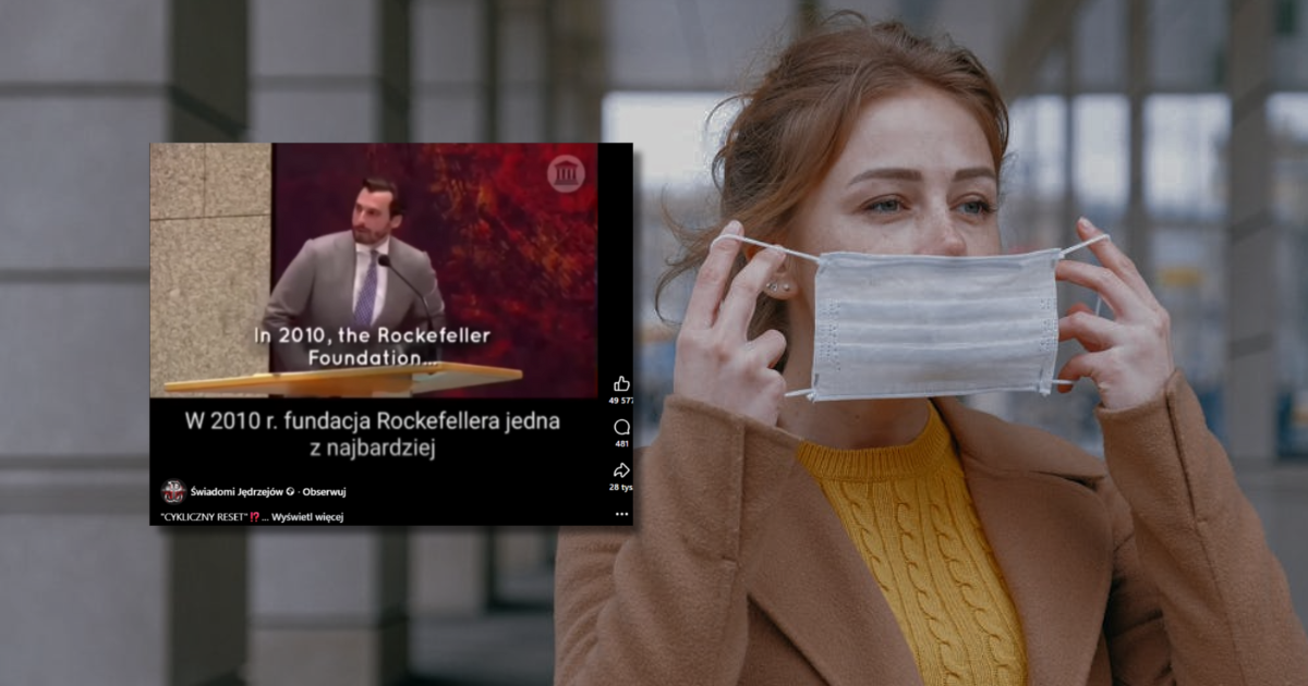 w tle kobieta w masce medycznej, zrzut ekranu z Facebooka