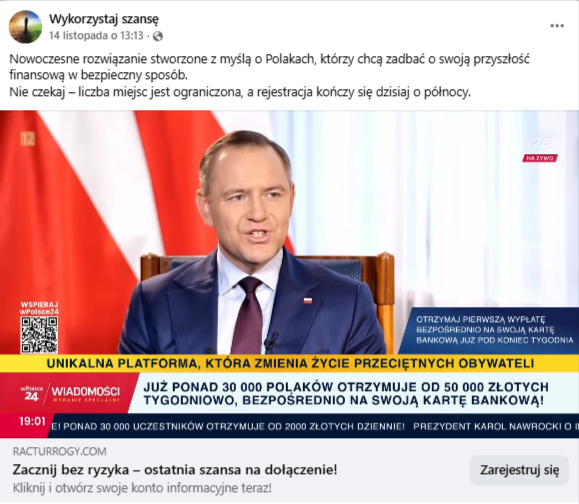  Wpis na Facebooku z nagraniem wywiadu z Karolem Nawrockim. W kadrze widać prezydenta w garniturze siedzącego na krześle. Na pasku telewizyjnym są komunikaty o unikalnej platformie i zyskach, jakie mogą uzyskac Polacy