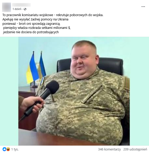 Zrzut ekranu wpisu z Facebooka. Na górze podpis i elementy interfejsu platformy, na dole grafika przedstawiająca otyłego mężczyznę w mundurze wojskowym, w tle ukraińskie flagi.