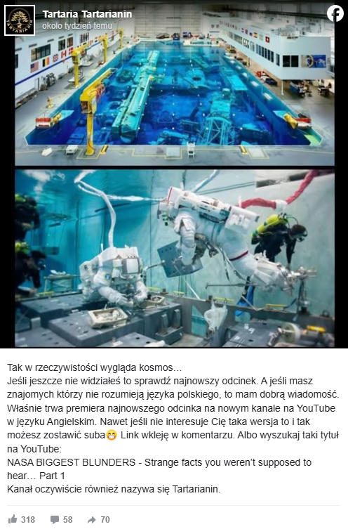 Zrzut ekranu z wpisu na Facebooku, w którym przedstawiono basen z astronautami jako dowód na inscenizację.