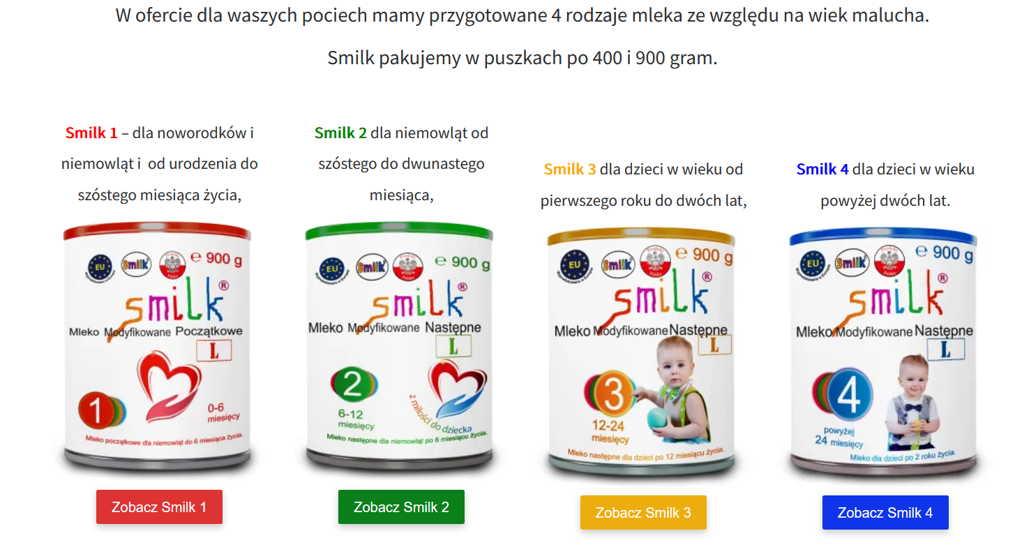 zrzut ekranu ze strony Smillk, cztery opakowania mleka w różnych kolorach.