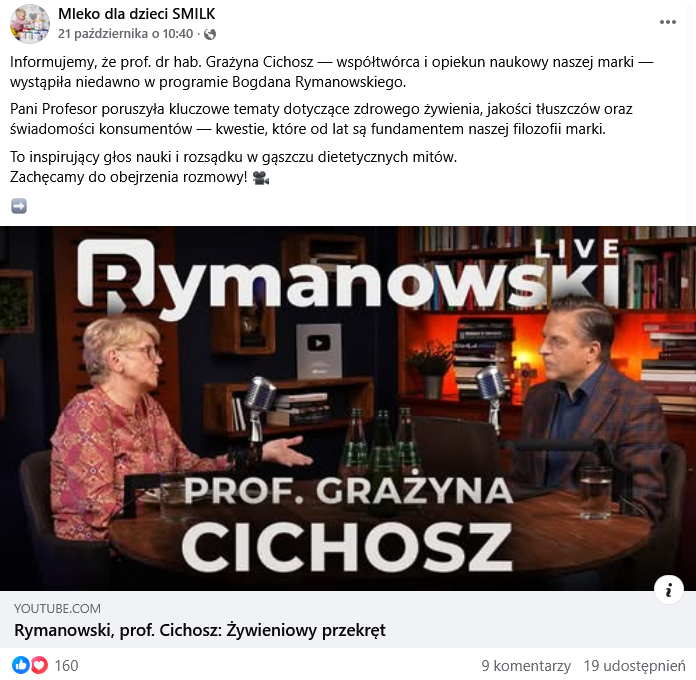 Zrzut ekranu wpisu z Facebooka, na dole klatka z nagrania przedstawiająca prof. Cichosz i Bogdana Rymanowskiego, na górze podpis.