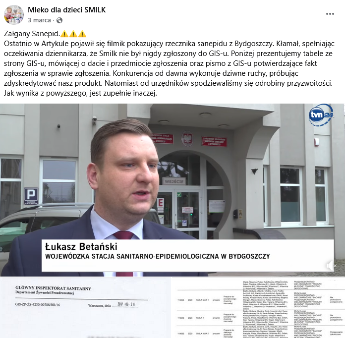 Zrzut ekranu wpisu z Facebooka, na górze podpis, na dole klatka z nagrania wiadomości, przedstawiająca urzędnika sanepidu przed rządowym budynkiem.