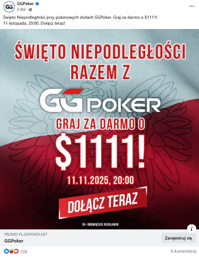 Zrzut ekranu wpisu z Facebooka. Na górze podpis i elementy interfejsu platformy, na dole grafika przedstawiająca ofertę kasyna, oraz godło i flagę Polski.