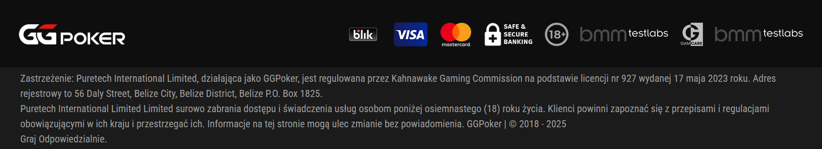 Zrzut ekranu regulaminu na dole strony GGPoker.net.